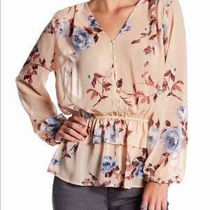 Long Sleeve Button Front Peplum Blouse